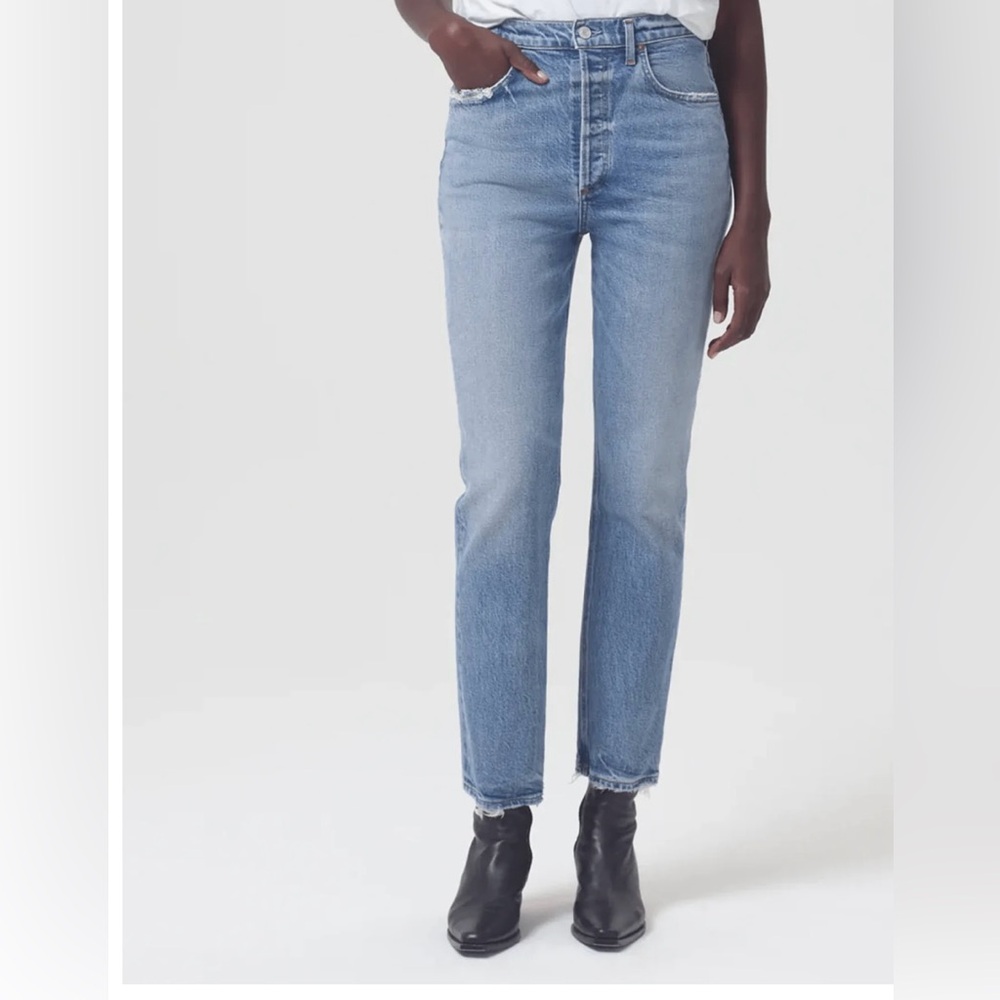 NWT. AGOLDE Riley High Rise Straight Crop Jeans. Color Cove. Button fly. Sz 24.